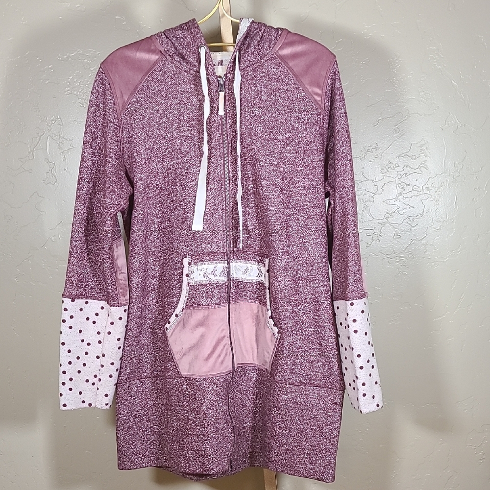 Evy’s Tree The Rosie Burgundy Polka Dot Lace Detail Long Hoodie Jacket Women’s L